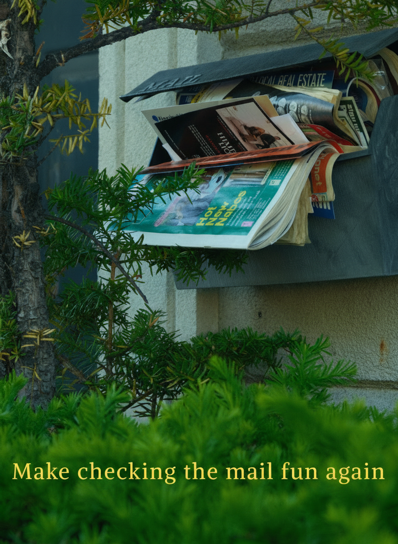 Mailbox filled with newspapers and magazines on a wall with greenery around, text on bottom says "make checking the mail fun again"